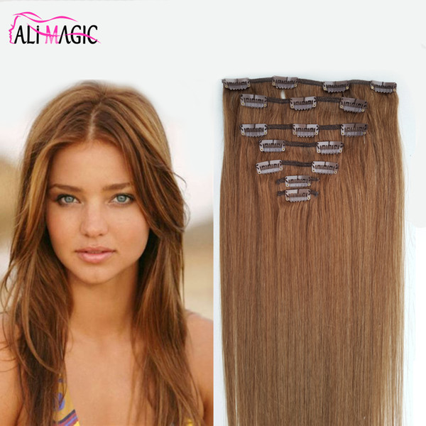 Straight Clip in Human Hair Extensions Natural Color Remy Hair Clip-Ins Full Head 7Pcs/Set 100Gram Free Shipping by AliMagic Hair