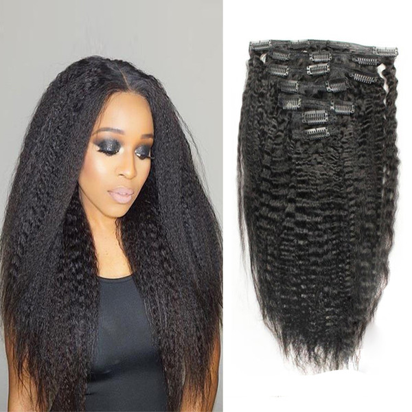 Malaysian Virgin Hair Clips in/on Human Hair Extensions Full Head Natural Color Coarse Yaki Kinky Straight 7Pcs lot 100g 120g 12-28 Inches