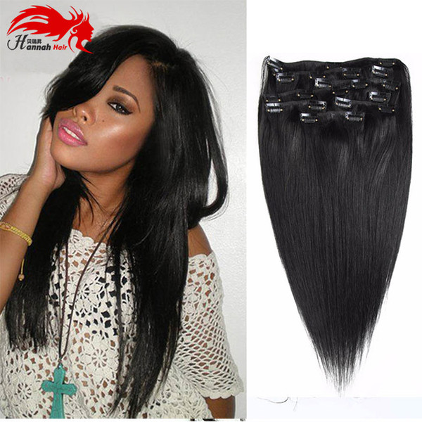 Hannah product Full Head Clip in Human Hair Extensions Natural Black Hair Clip 10 Pieces Straight Brazilian Hair Clip in Extensions