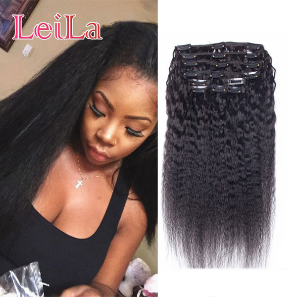 Peruvian Human Hair 7Pieces SET Kinky Straight Clip In Human Hair Extensions Natural Black Coarse Yaki Human Hair Weaves