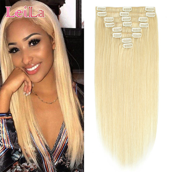 Brazilian Peruvian Indian Malaysian 100g Clip In Hair Extensions Hair Textures 10-28 Inch 8Pieces/lot Straight Hair 613#