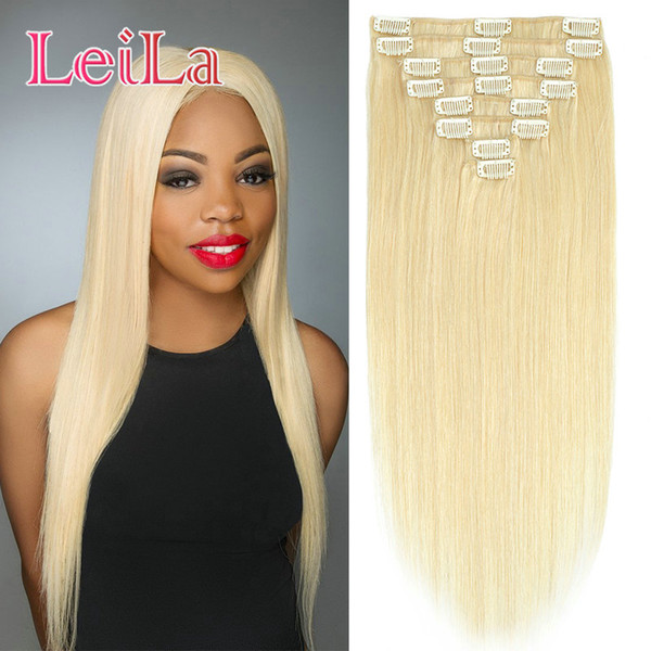 Brazilian Peruvian Indian Malaysian Virgin Human Hair Clip In Hair Extensions 613# Blond Color 8 Pieces/lot 120g Clip On Hair Textures