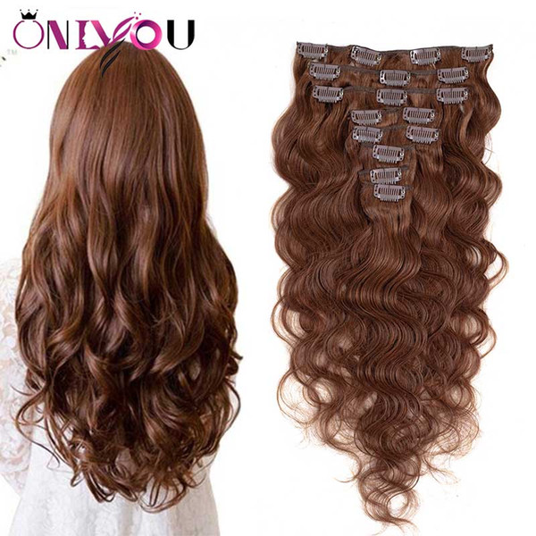 Indian Virgin Body Wave Clip in Human Hair Extensions #4 Brown Full Head Unprocessed Straight Remy Human Hair Clip ins Extensions 8pecs/set