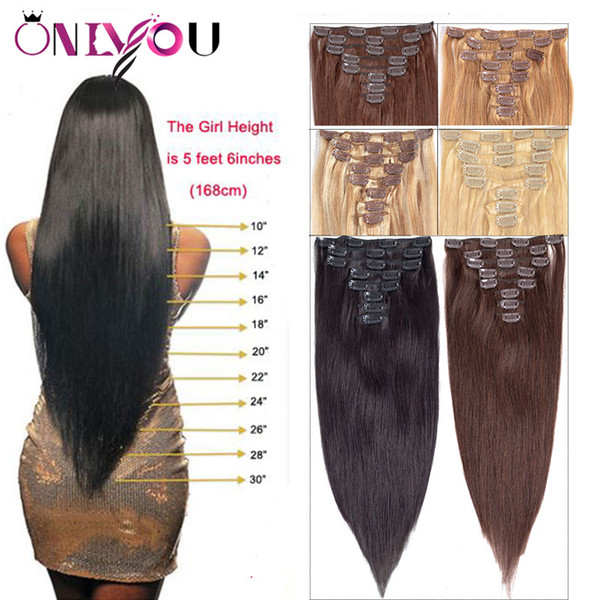 Newest Brazilian Virgin Straight Human Hair Clip In Extensions 8pcs/set 14-24 inch Full Head Body Wave Nature Clip in Human Hair Extensions