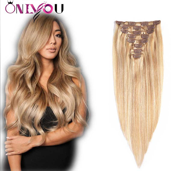 Brazilian Virgin Straight #27/613 Ombre Blonde Clip in Human Hair Extensions Full Head 8pcs/set Human Hair Clip in Extensions Factory Deal