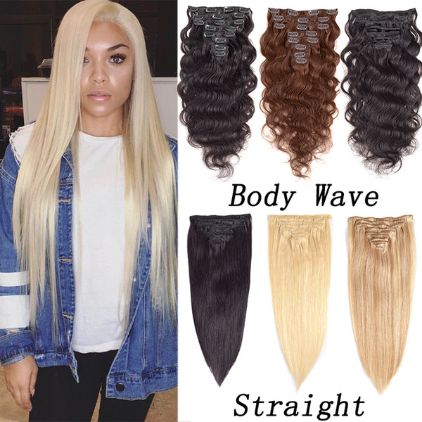 Malaysian Straight Machine Made Remy Clip In On Hair Full Head 100% Brazilian Body Wave Human Hair Extensions 14-24inch 100g 8pcs Clips