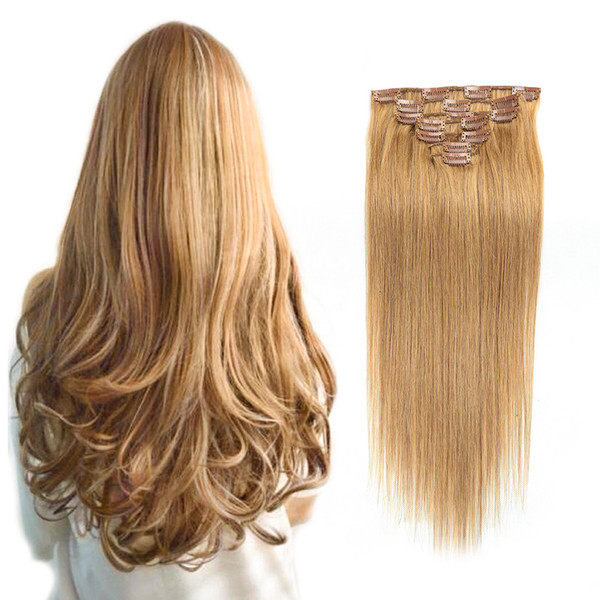 100g high quality Clips In Human Hair Extensions Straight Indian Human Hair 7PCS Strawberry Blonde (#27)