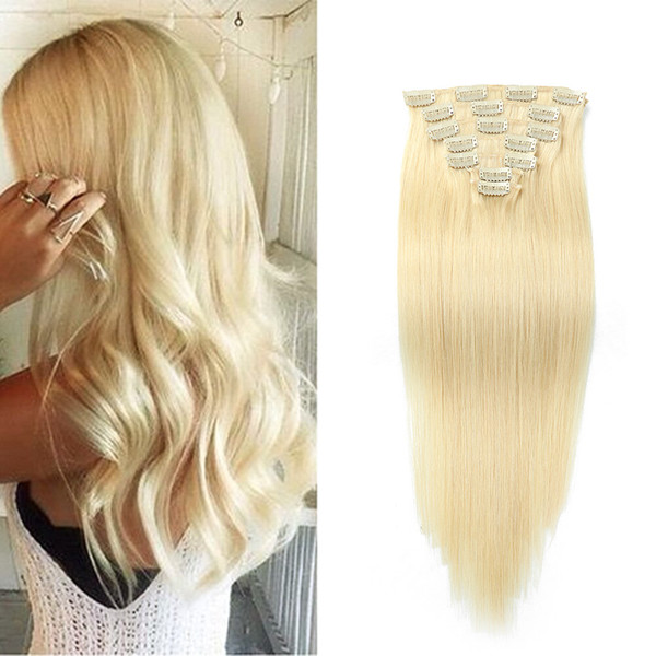 7pcs 100g Cheap Clip in Human Hair Extension Remy Human Hair Extensions 14inch-20inch Bleach Blonde (#613)