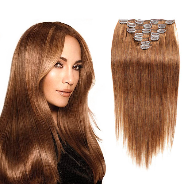 100g 7pcs Clip in hair extension human hair clip in extensions Straight clip in hair extensions Light Brown (#6)