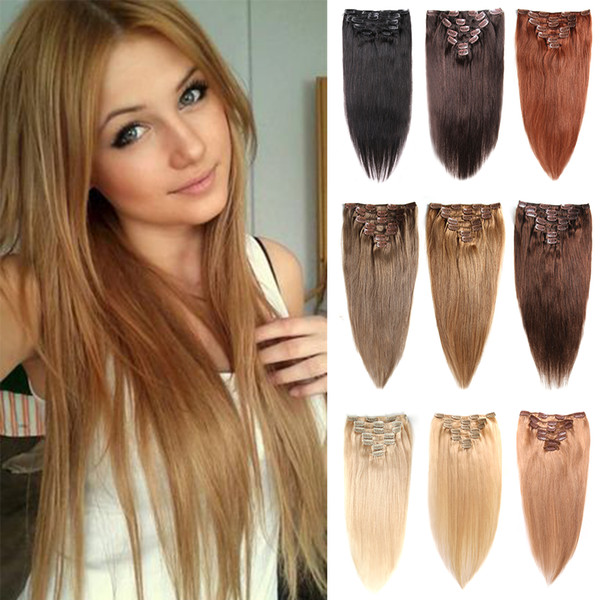 Machine Made Remy Straight Clip In Human Hair Extensions 70G 100% Human Hair Clips In Dark Brown Color 14