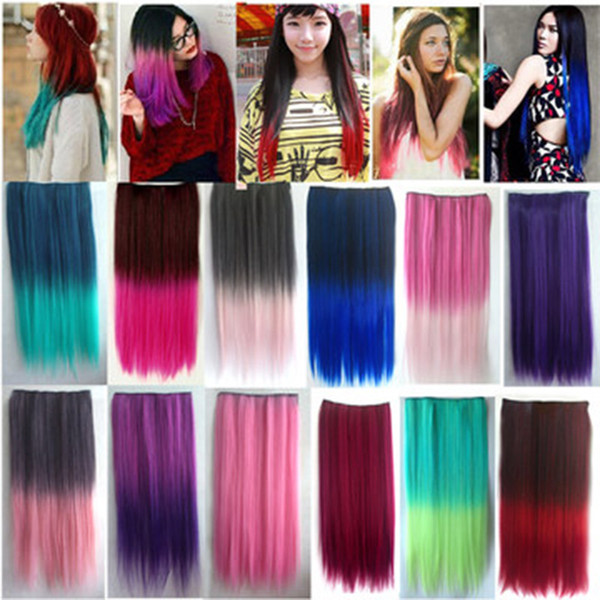 New Gradient Ladies Long Heat Resistant Fiber Synthetic Clip On Hair Extensions Harajuku Ombre Women 5 Clips Straight Hairpiece Accessories