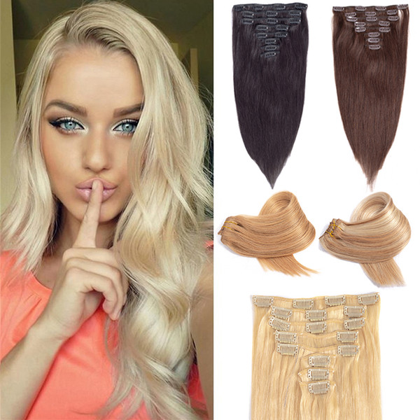 Straight Full Head Clip In Human Hair Extensions 14