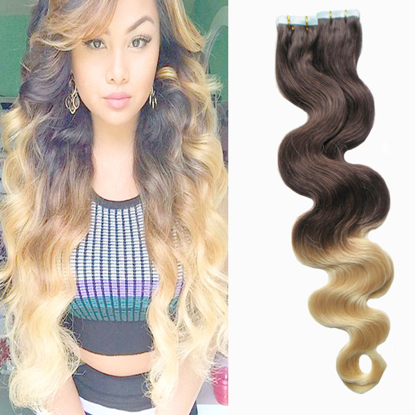 Tape In Human Hair Extensions 40pcs ombre human hair body wave Brazillian Remy Hair Brown And Blonde Ombre Balayage 100g