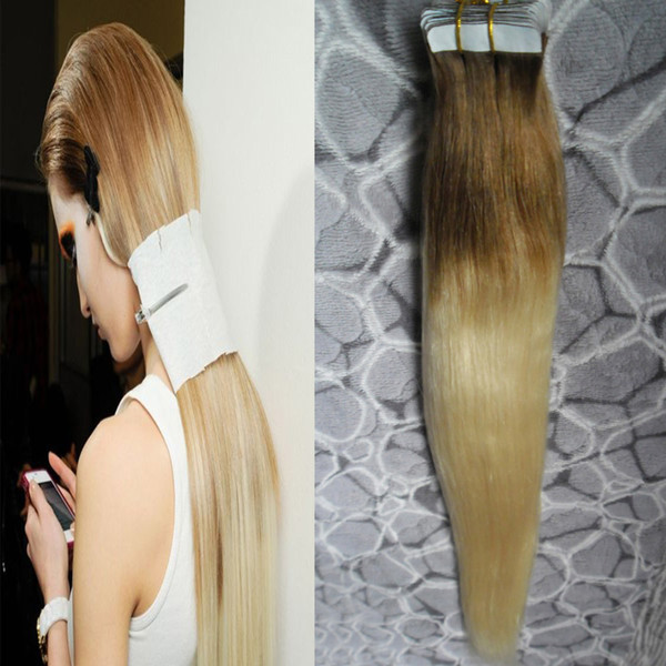 Tape In Human Hair Extensions 40pcs Double Drawn Straight Skin Weft Adhesive Ombre Hair Human Hair Extensions Tape ins Brown and Blonde