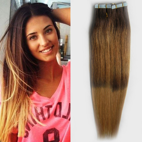 Invisible Seamless Hair 40pcs/pac ombre Color Tape In Human Hair Extensions Double Drawn Adhesive Hair Skin Weft