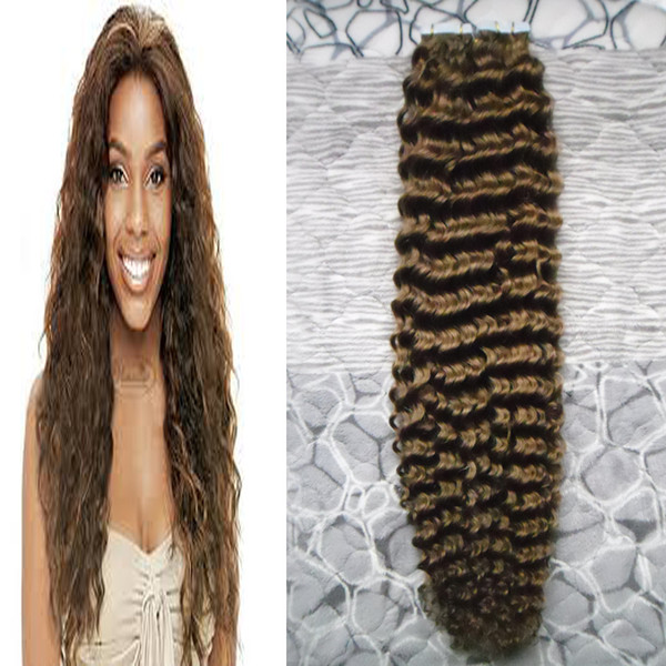 Tape In Human Hair Extensions 40pcs kinky curly Double Drawn Brazilian Virgin PU Tape Hair Weft Human Hair Extensions Skin Weft 100g