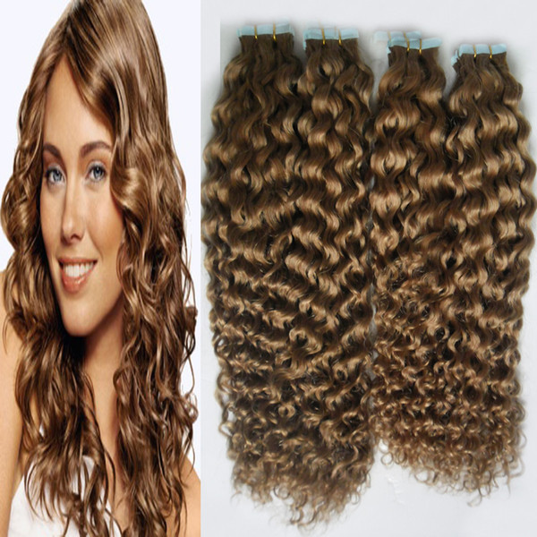 Kinky Curly Tape In Human Hair Extensions 200g 80pcs Skin Weft Human Hair Machine Made Remy 16