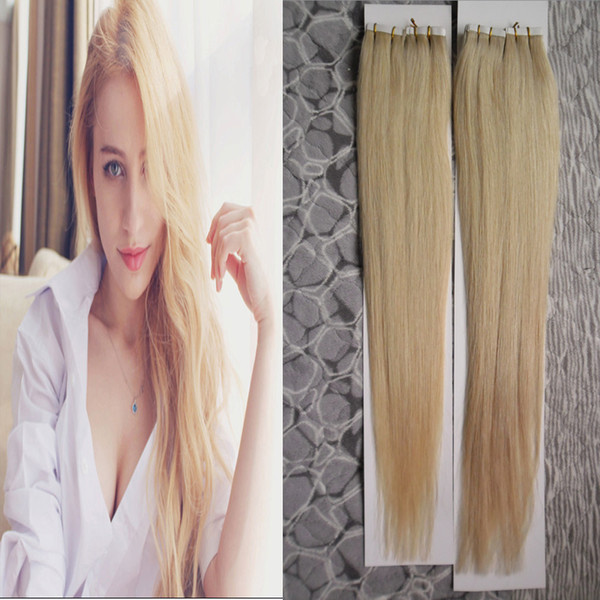 Remy Tape In Human Hair Extension 613 Bleach Blonde Straight 200g 80pcs skin weft tape hair extensions