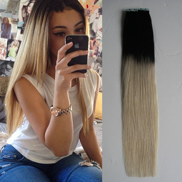 Tape In Human Hair Extensions Ombre T1B/613 #6 # grey Two Tone Non-Remy 100G 40PCS Double Drawn Adhesive Hair Skin Weft