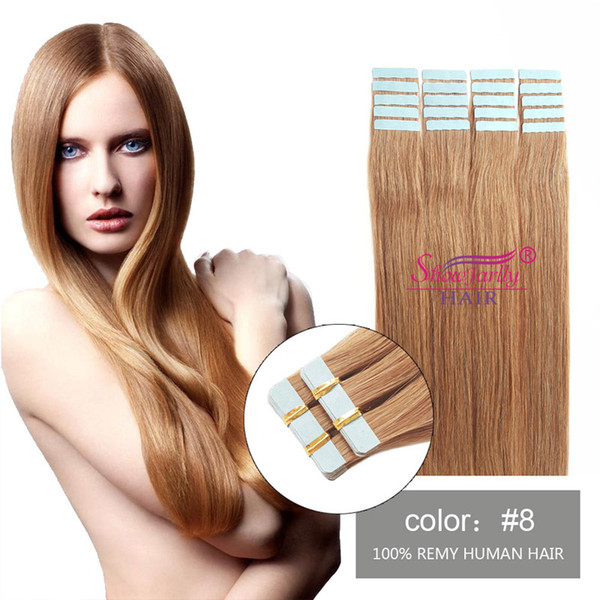 Seamless Remy Tape in Hair Extensions Wholesale Real Human Hair #8 Light Chestnut Brown Skin Weft Hair Extensions