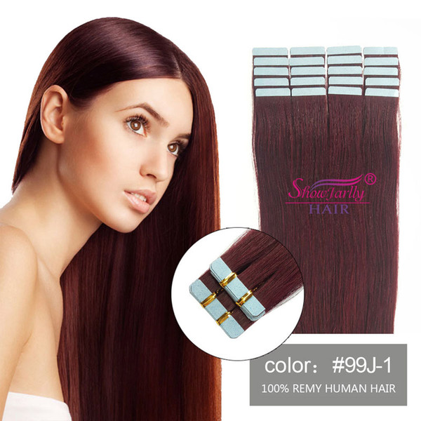 Wine Red Burgundy Real Human Hair 10a grade 99J Straght Soft Healthy tape in hair extensions