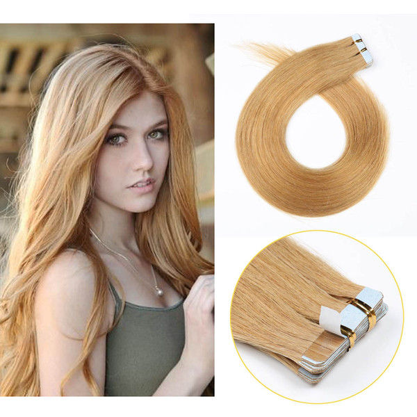 Strawberry Blonde Glue Tape in Human Hair Extensions Balayage Seamless Silky Straight Skin Weft Remy Virgin Hair #27