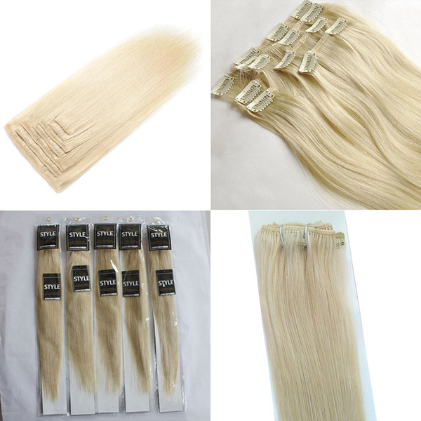 Epacket Silk Straight Brazilian Non-remy Hair Platinum Blonde Color 60# Human Hair Clip In Extensions 70 Gram 12 to 24 inch