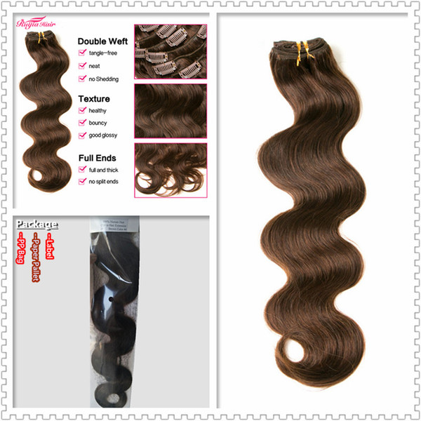 Grade 7A-- Brown Color 4# Clip In Human Hair 70g 100g 140g 160g 180g 7/8/10pcs Virgin Brazilian Body wave Clip In Hair Extensions, free DHL