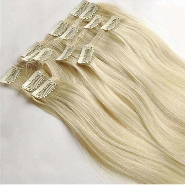 DHL Silk Straight Brazilian Non-remy Hair Platinum Blonde Color 60# Human Hair Clip In Extensions 70 Gram 12 to 24 inch