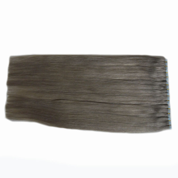 Skin Weft Human Hair Silver Grey 8A Top Grade On Adhesive Invisible PU Weft 18