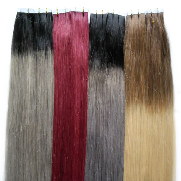 Straight Ombre Tape in Hair Extensions Human Hair Remy Colored Extensions #1B Fading to # gray Blonde Glue 40 Pcs Per Package