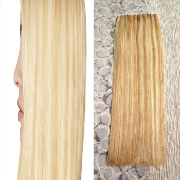 Skin weft Real Natural Human Hair On Double Sided Tape Seamless Hair P27/613 Tape In Human Hair Extensions Straight 80 pcs 200g