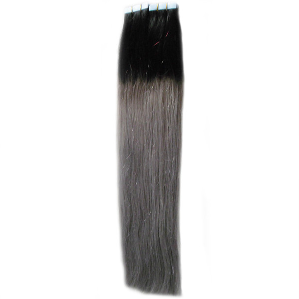 Ombre Straight Human Hair 1b/grey Double Drawn Tape In Human Hair Extensions 40 pcs Silver Color Skin Weft Hair Extensions 100g