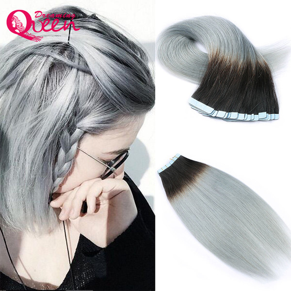 1B Silver Tape In Human Hair Extensions Brazilian Virgin Human Straight Skin Weft Hair 100% Virgin Hair 50g 20pcs/Set 1B Grey