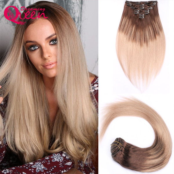 Clip In Straight Hair Extensions 100% Brazilian Virgin Human Hair 7 Pieces/Set 16 Clips 4/18 Piano Mixed color Clip In Human Hair