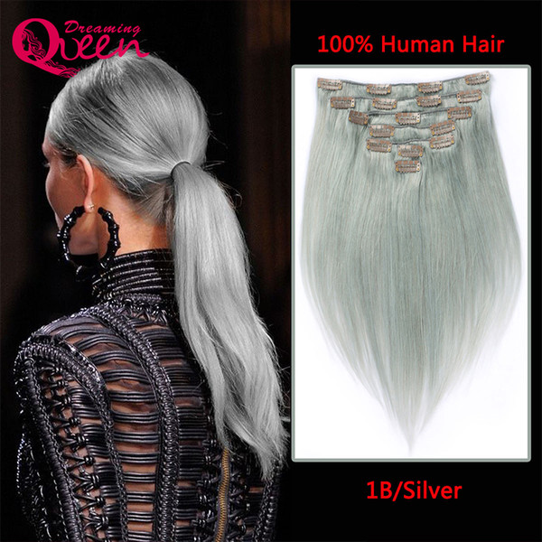 Straight Hair Clip In Brazilian Virgin Human Hair Extensions Silver Grey Color 7 Pieces/Set 120g Clips Gray Color Hair Extension