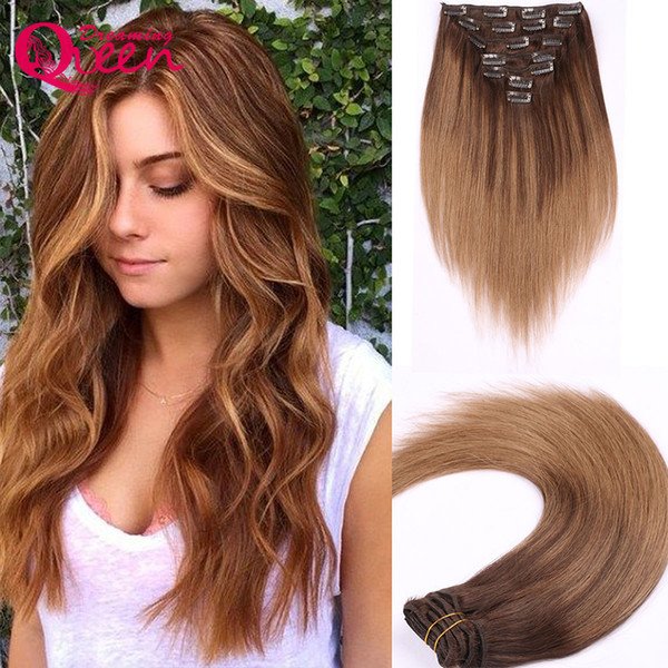 B2/8 Piano color Clip In Straight Hair Extensions 100% Brazilian Virgin Human Hair 7 Pieces/Set 120g 16 Clips Hair Extension 