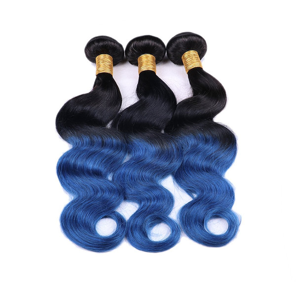 Ombre Blue Human Hair Bundles Two Tone Colored 1b Blue Peruvian Virgin Hair Body Wave Human Hair Weaves 3pcs/lot