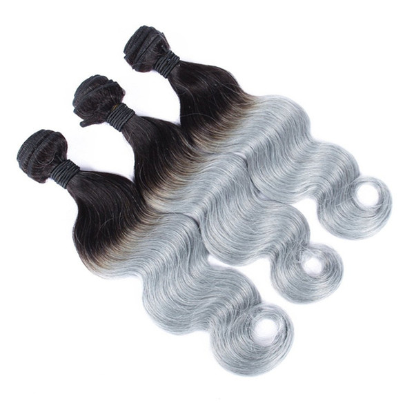 Peruvian Human Hair Weaves Double Weft 3Pcs Ombre Color Bundles Body Wave 1B Grey Brazilian Virgin Hair Extensions Dark Root Gray Hair
