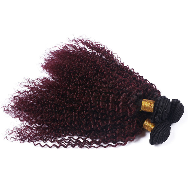 Ombre Kinky Curly Human Hair Bundles 3Pcs/lot 1b 99j Wine Red Two Tone Human Hair Extensions Kinky Curly Hair Wefts 8A Grade