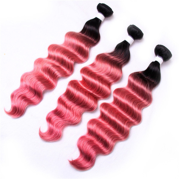 Pink Colored Human Hair Deep Wave Curly Ombre Virgin Hair Extensions Malaysian Two Tone Wavy Hair 3 Bundles Deals