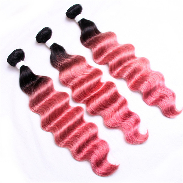 Peruvian Virgin Hair Extensions Two Tone 1b Pink Hair Weaves Dark Roots Deep Wave Curly Pink Human Hair Bundles 3Pcs/Lot