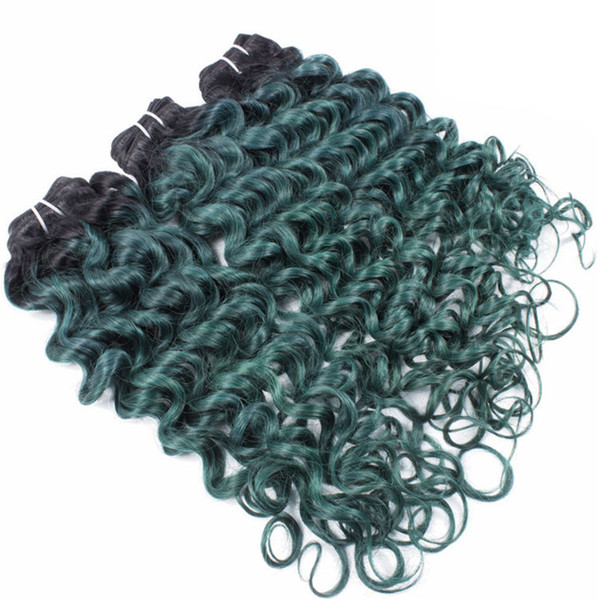 Peruvian Virgin Human Hair Bundles Two Tone 1b Green Ombre Hair Weave Deep Wave Curly Hair Weft 3Pcs/Lot