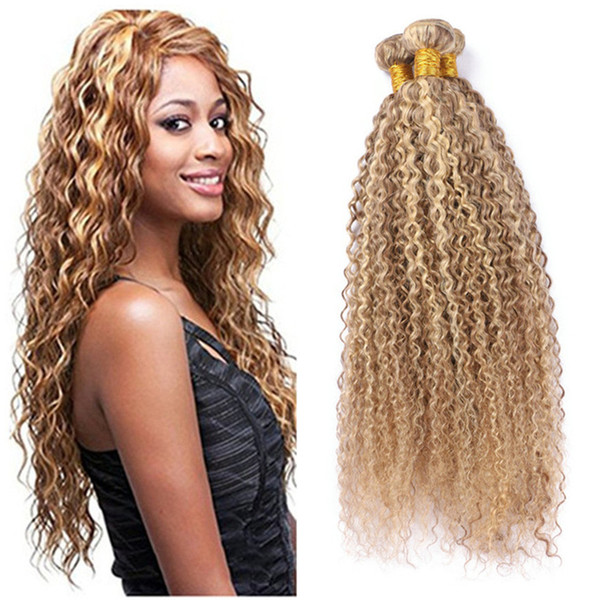 Mix 27/613 Color Blonde Ombre Hair Weave Afro Kinky Curl Blonde 3Bundles Brazilian Virgin Unprocess Hair Piano Color