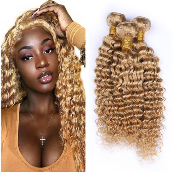 8A Honey Human Hair Weft Bundles Blonde 22Inch 22Inch 24Inch Unprocessed Brazilian Deep Wave Hair 3Bundles Hair Color #27 Brazilian Virgin