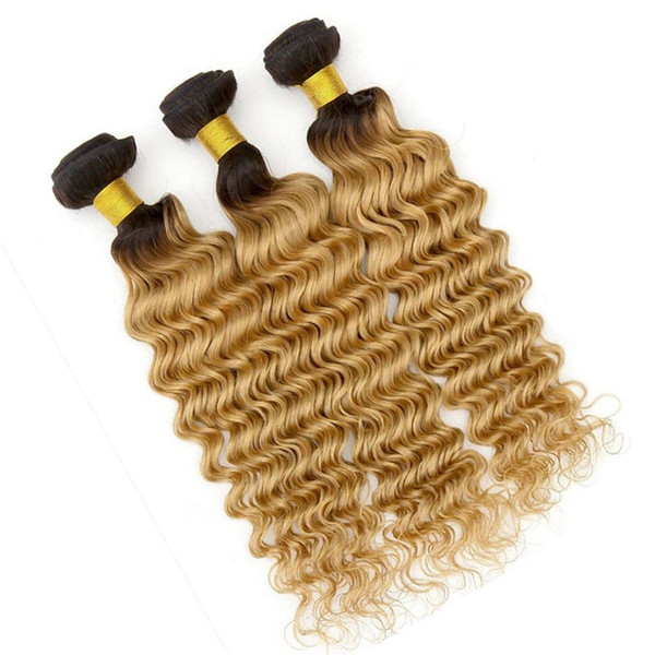 1b 27 Honey BLonde Ombre Malaysian Deep Wave Two Tone Dark Roots Human Hair Weave Weft Extensions 3 Bundles lot