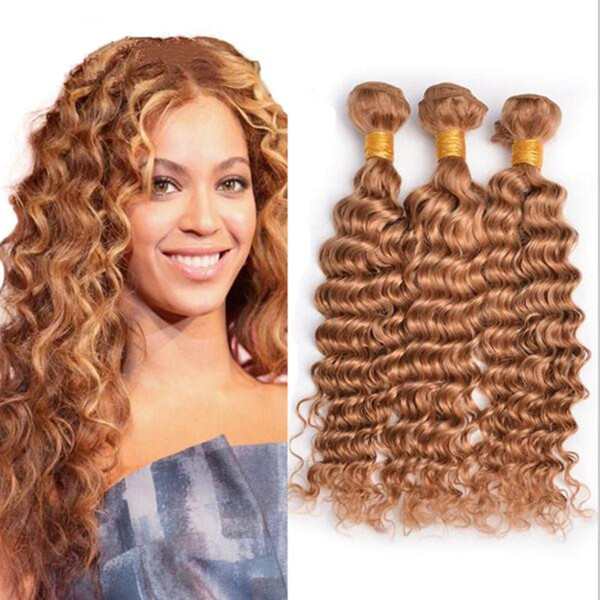 #27 Blonde Deep Wave Brazilian Hair Weave Bundles 3pcs Curly Weave Human Hair Blonde Bundles Honey Blonde Brazilian Hair Extension