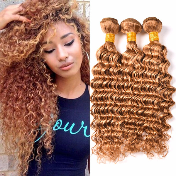 8A Brazilian Human Virgin Hair #27 Honey Blonde Deep Wave Hair Extension 3pcs Lot Weave Loose Curly Hair Bundles