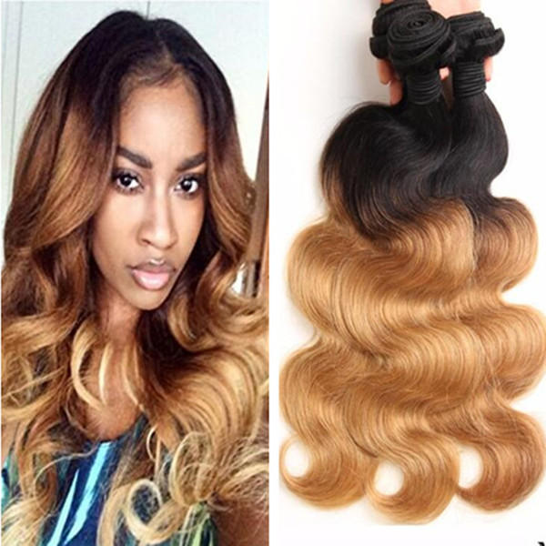 9A Ombre Brazilian Human Hair Extensions Two Tone Color 1B 27# Blonde Ombre Peruvian Malaysian Indian Cambodian Body Wave Hair Weave Bundles