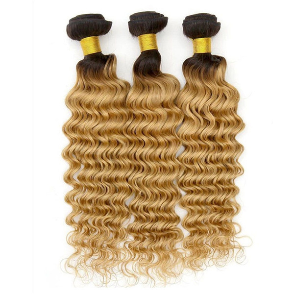 Deep Wave Honey Blonde Human Hair Bundles 3Pcs/lot Two Tone 1b 27 Honey Blonde Ombre Deep Curly Brazilian Virgin Hair Wefts